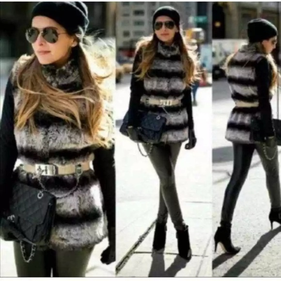 Rachel Zoe Lux Chinchilla Faux Fur Striped Vest Jacket - Picture 2 of 11